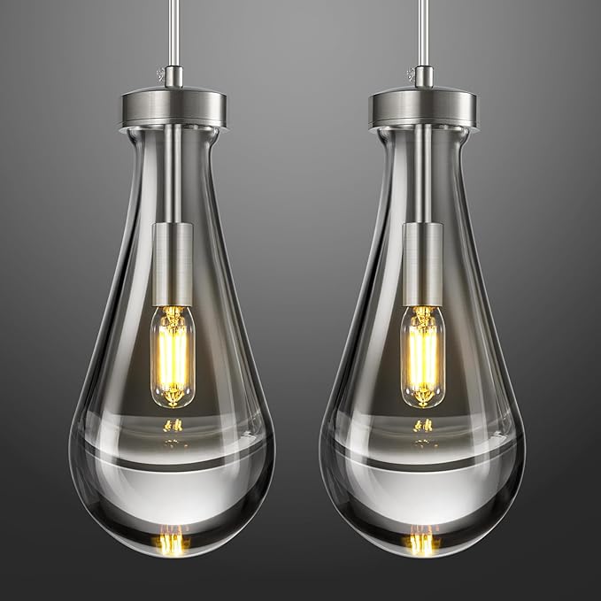Raindrop Pendant Lights Kitchen Island Teardrop Nickel Hanging Light Fixtures Clear Solid Glass Pendant Light Modern Chandeliers for Dining Room Porch Corridor Living Room(2-Pack)