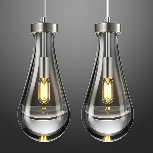 Raindrop Pendant Lights Kitchen Island Teardrop Nickel Hanging Light Fixtures Clear Solid Glass Pendant Light Modern Chandeliers for Dining Room Porch Corridor Living Room(2-Pack)
