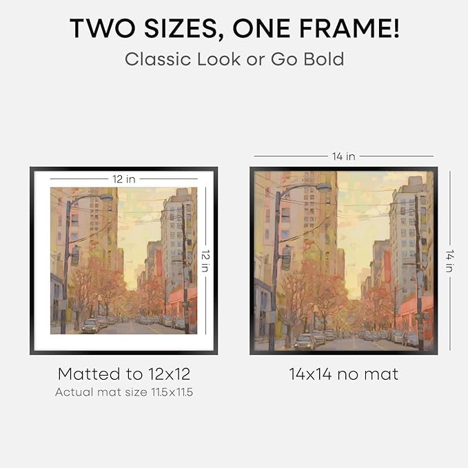 Homeforia 14x14 Picture Frame Black, High End Metal 14 x 14 Square Poster Frames with Mat 12 x 12 Photo, 14x14 Black Frame Matted to 12x12 Print, 14by14 Thin Frames, Tempered Glass, Wall Kit, Set of 3