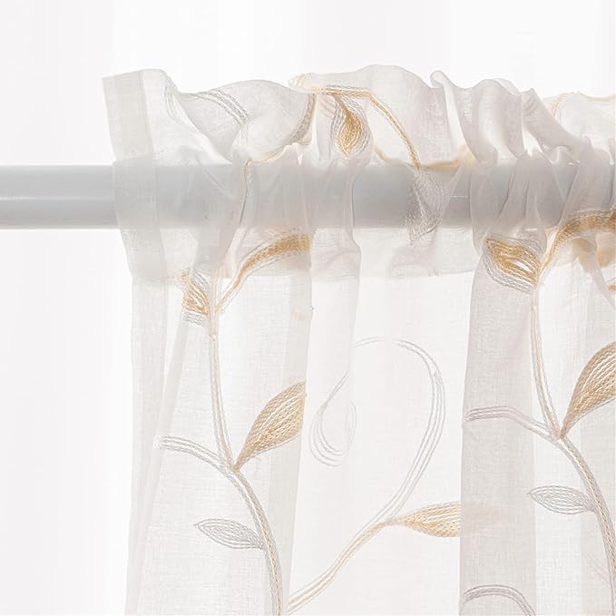 VISIONTEX White Sheer Voile Curtains, Decorative Beige Leaves Embroidery Faux Linen Rod Pocket Window Drapes for Home Kitchen, Living Room and Bedroom 54 x 108 Inch, Set of 2 Curtain Panels