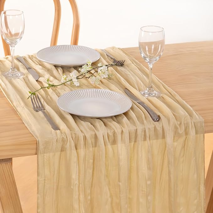 MLMC 8 Pack Champagne Table Runner 10ft Rustic Sand Cheesecloth Fall Table Runner Bulk 35x120 Inches Neutral Gauze Cheese Cloth Centerpiece for Outdoor Wedding Bridal Shower Gathering Party Decor