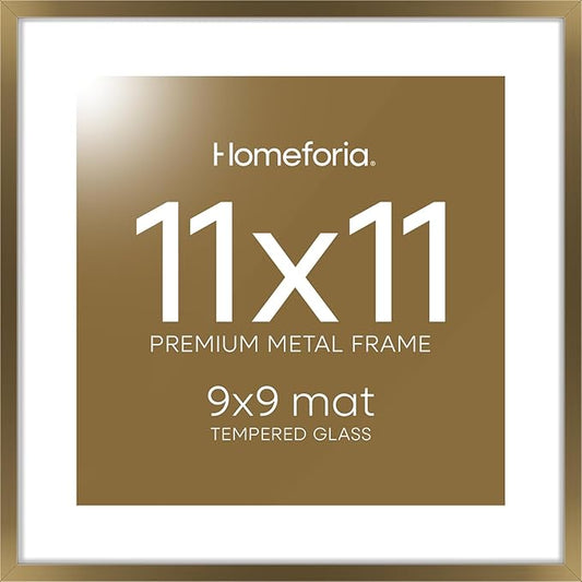 Homeforia 11x11 Picture Frame Brass, High End Metal 11 by 11 Square Bronze Frames with Mat 9 x 9 Photo, 11by11 Poster Frame Matted to 9x9 Print, Wall Hanging Frames, Tempered Glass, Wall Kit, Set of 1