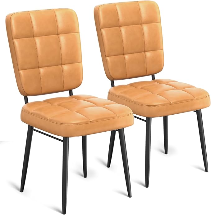 Dining Chairs Set of 2, Leather Upholstered Dining Room Kitchen Chairs with Thick Cushion, High Backrest, Metal Legs, Mid Century Modern Side Chair for Living Room Restaurant, Light Brown