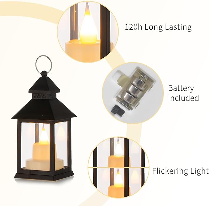 Romadedi Mini Lanterns Decorative for Centerpiece - 10 PCS Hanging Small Black Lantern Bulk with Flickering LED Candles for Halloween Decorations Wedding Decor Christmas Table, Batteries Included