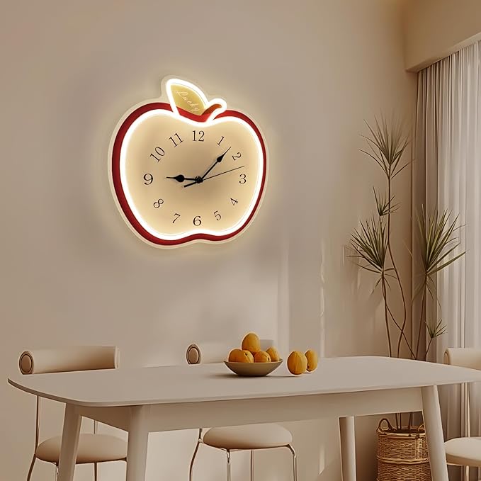 jXIN 12 Inch Apple Shaped Novelty Fun Shaped Wall Clock, 2-in-1 LED Silent Clock and Warm White Night Light, Creative Decorative Clock for Cozy Atmosphere Children's Room