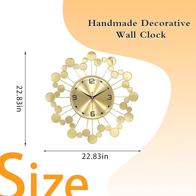 Wall Clock 22.8 Inch - Large Gold Sunburst Clock Non-Ticking Battery Operated, Starburst Round Wall Watch for Living Room Bedroom Kitchen Office, Home Decorations