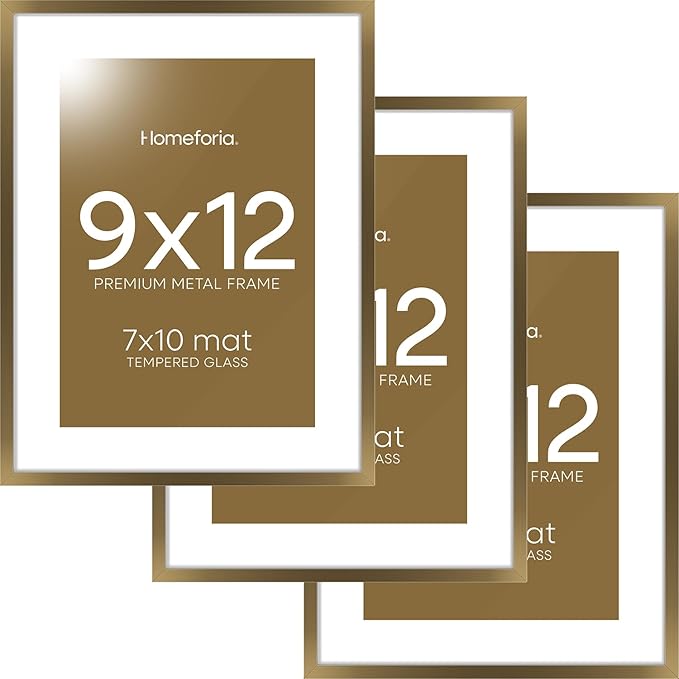 Homeforia 9x12 Frame Bronze, High End Metal 9 x 12 Brass Picture Frames with Mat 7 by 10 inch Photo, 9by12 Poster Frame Matted to 7x10, 12x9 Wall or Tabletop Frames, Tempered Glass, Wall Kit, Set of 3