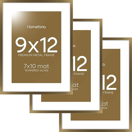 Homeforia 9x12 Frame Bronze, High End Metal 9 x 12 Brass Picture Frames with Mat 7 by 10 inch Photo, 9by12 Poster Frame Matted to 7x10, 12x9 Wall or Tabletop Frames, Tempered Glass, Wall Kit, Set of 3