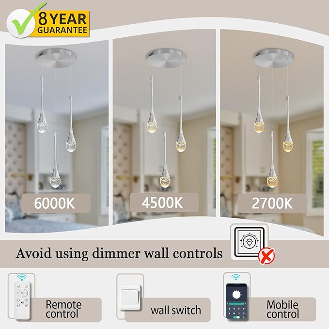 Pendant Lights Kitchen Island 3-Lights Silver Crystal Chandelier for Dining Room Hallway Stairwell,LED Dimmable 2700K-6000K