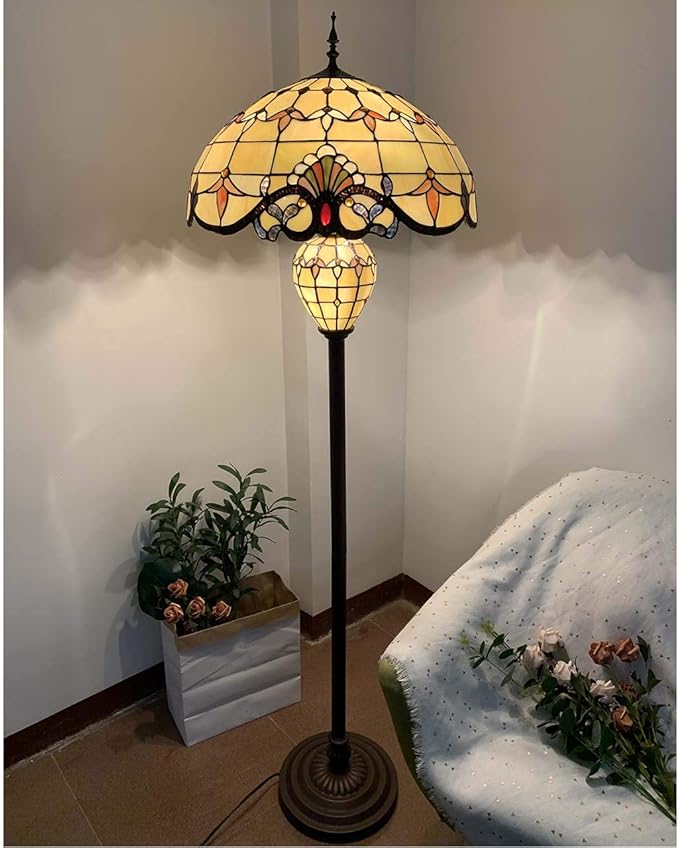 Bieye L10803 Baroque Tiffany Style Stained Glass Double Lit Floor Lamp for Home Decor 64-inch Tall (20-inch Wide, Cream)