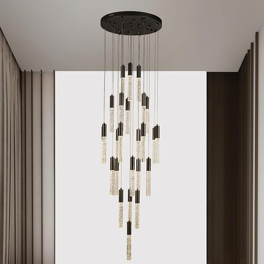 Black Crystal Chandeliers, Large Dimmable Hanging Lamps, Round LED Raindrop Ceiling Pendant Light Fixtures for Dining Room Staircase Living Room Farmhouse