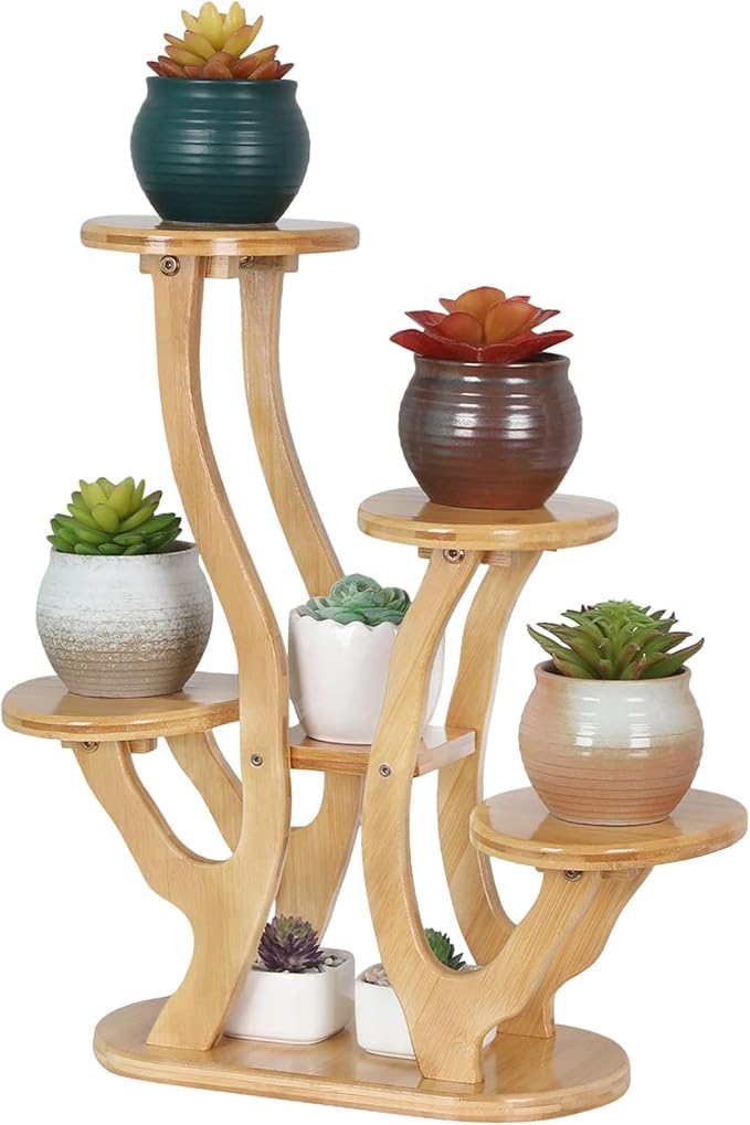 5 pots Succulent Plant Stand Indoor,tabletop tiered Plant Shelf for Small Plants,Bamboo windowsill Plant Holder Display Rack for Desktop Office Balcony