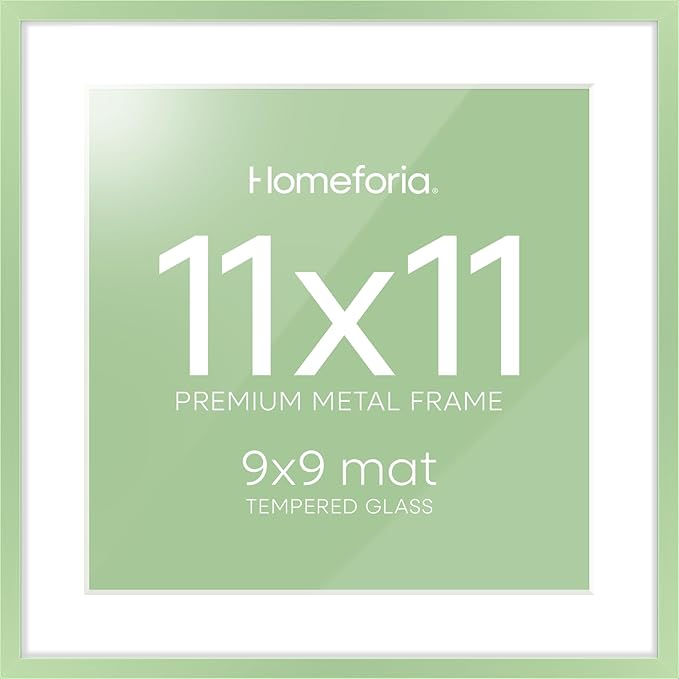 Homeforia 11x11 Sage Green Picture Frame, High End Metal 11 by 11 Square Frames with Mat 9 x 9 Photo, 11by11 Poster Frame Matted to 9x9 inch Art, Wall Hanging Frame, Tempered Glass, Wall Kit, Set of 1