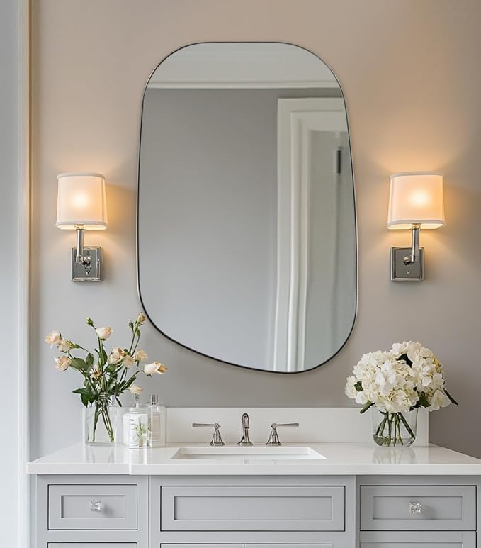 ANDY STAR Brushed Nickel Mirror, 22"x30" Silver Asymmetrical Wall Mirror for Bathroom, Unique Irregular Design with SUS304 Stainless Steel Metal Frame, Ideal for Bathroom, Bedroom, Entryway