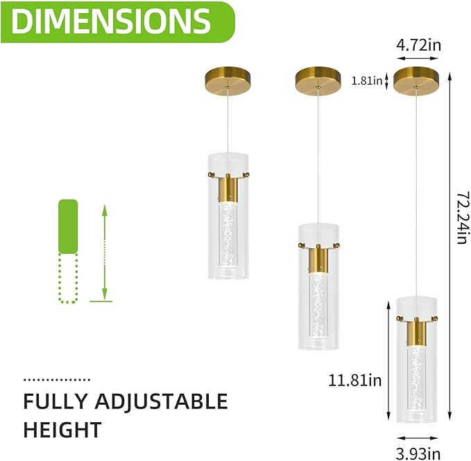 Pendant Ceiling Light Fixture for Kitchen Island, Gold Pendant Light Integrated LED Hanging Light with Crystal Bubble Glass Pendant Light Modern Pendant Lights Kitchen Island (1-Pack)