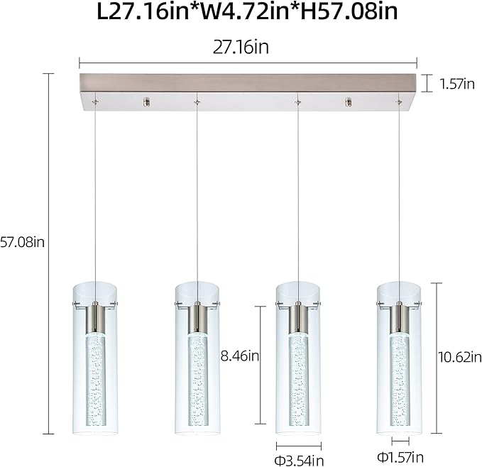 Kitchen Lighting Pendant Fixtures 4-Light LED Pendant Ceiling Fixture Brushed Nickel Bubble Cylinder Pendant Light with Adjustable Length for Kitchen Island Dinning Room Bedroom