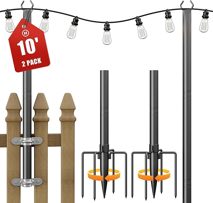 String Light Poles for Outside, 10ft Adjustable Metal Poles for Outdoor String Lights Hanging Light, Outdoor Light Poles with Fork, for Patio, Deck, Backyard, Garden (2 Pack)