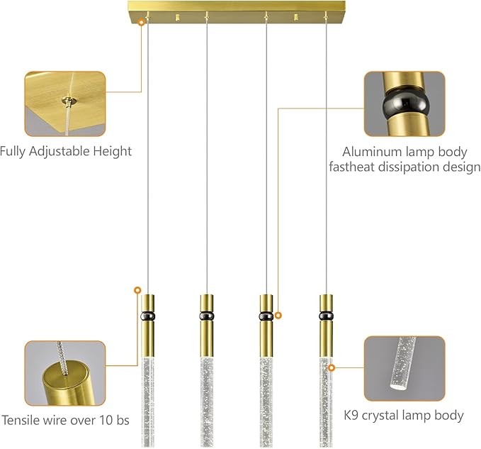 4 Light Pendant Lighting Dining Room Light Fixture Dimmable LED Modern Gold Pendant Light with Bubble Crystal Pendant Lights Kitchen Island