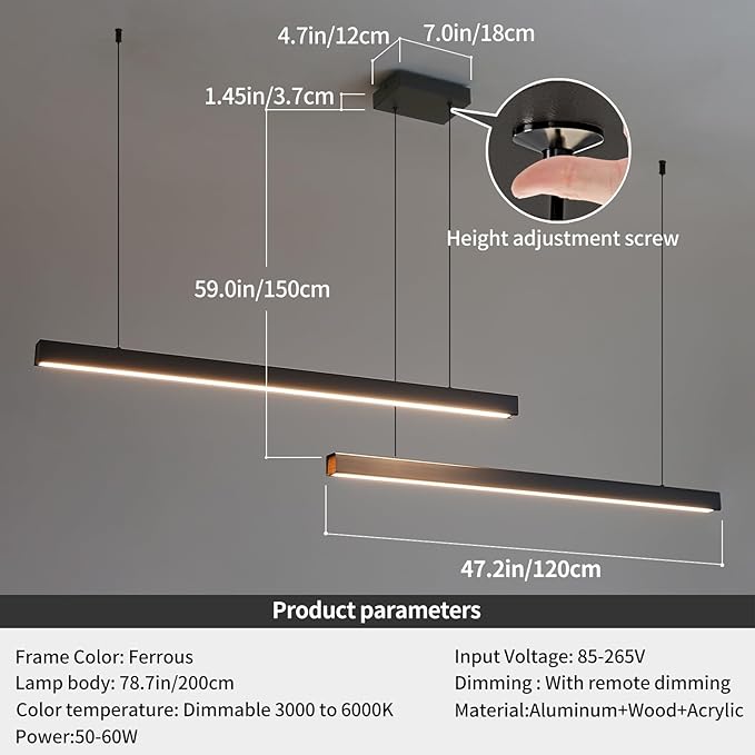 Linear Pendant Light Fixtures, LED Island Lights with Remote, Modern Pendant Light for Kitchen Island Dining Room Billiard Room Office Bar, 3000k-6000k Dimmable