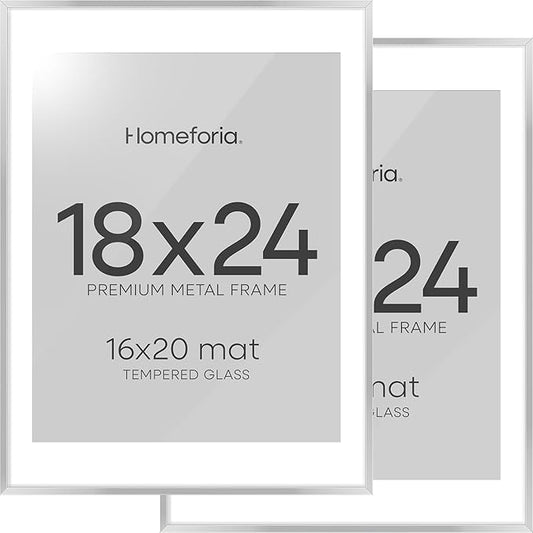 Homeforia 18x24 Poster Frame Silver, High End Metal 18 x 24 Picture Frames with Mat 16 x 20 for Photo, 18x24 Silver Frame Matted to 16x20 Print, 24x18 Hanging Frame, Tempered Glass, Wall Kit, Set of 2