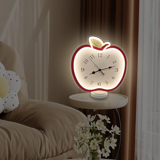 jXIN 12 Inch Apple Shaped Novelty Fun Shaped Wall Clock, 2-in-1 LED Silent Clock and Warm White Night Light, Creative Decorative Clock for Cozy Atmosphere Children's Room