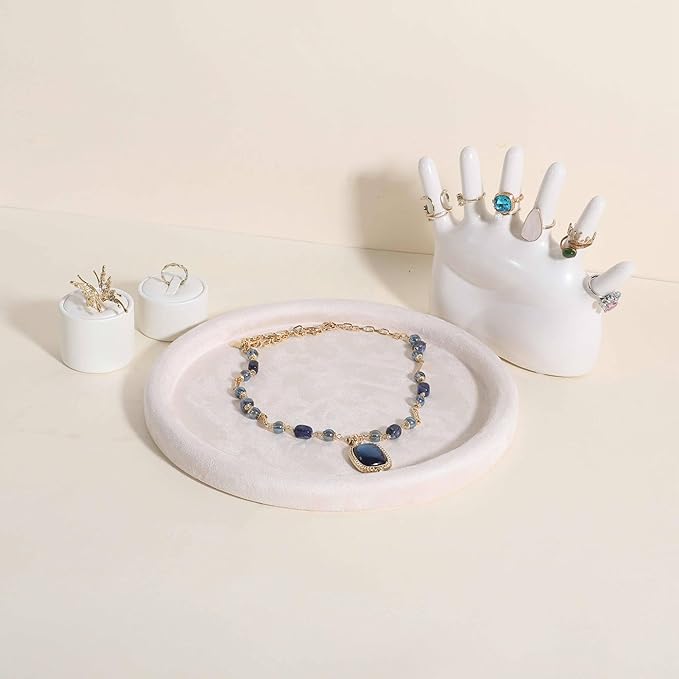 GemeShou Round Jewelry Organizer plate, Top Microfiber velvet Jewerly display tray, Empty Jewelry showcase tray for Necklace Bracelet Ring Earring display stand holder (Cream-Large, 9.8 x 9.8 in)
