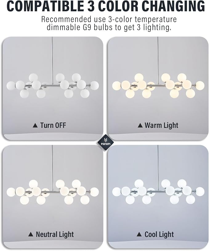 Glass Globe Sputnik Chandelier, 16-Light Mid Century Modern Light Fixture Over Table, Linear Chandeliers for Dining Room, Kitchen Island, Chrome and Milk White Bubble, 40 Inch, GC-02