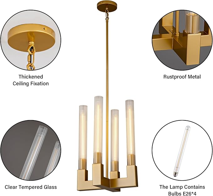 Glass Tube Gold Pendant Lights Kitchen Island, Adjustable Cord Modern Pendant Light Fixtures,Kitchen Pendant Lighting Over Island,Indoor Chandeliers for Bedroom, Included Bulb