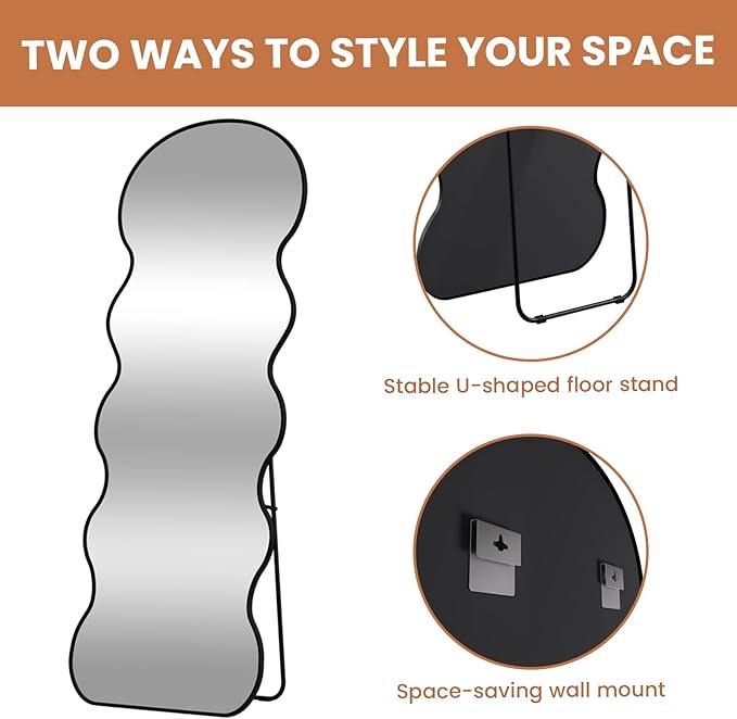 WTTY 64x21 Wavy Full Length Mirror with Stand for Bedroom, Living Room, Cloakroom, Shatterproof, Aluminum Frame