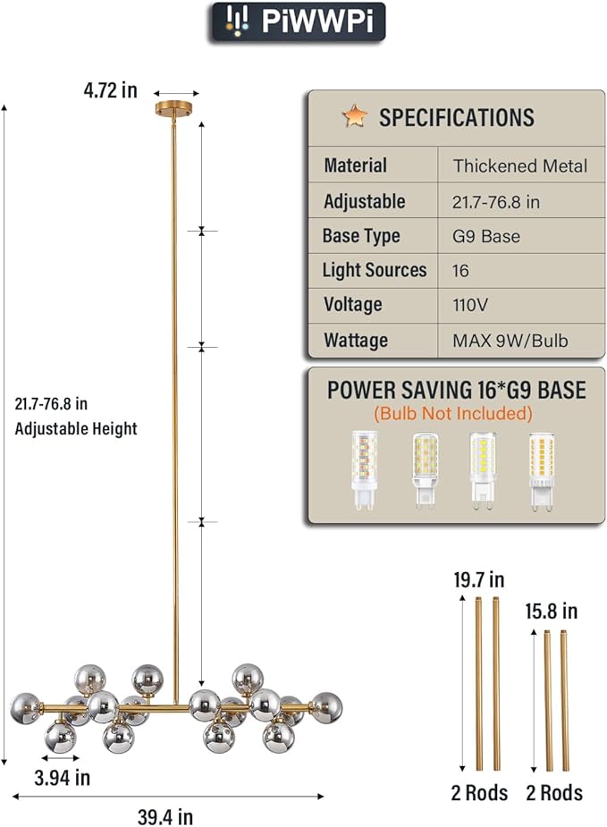 Glass Globe Sputnik Chandelier, 16-Light Mid Century Modern Light Fixture Over Table, Linear Chandeliers for Dining Room, Kitchen Island, Brass Gold and Smoke Grey Bubble, 40 Inch, GC-02