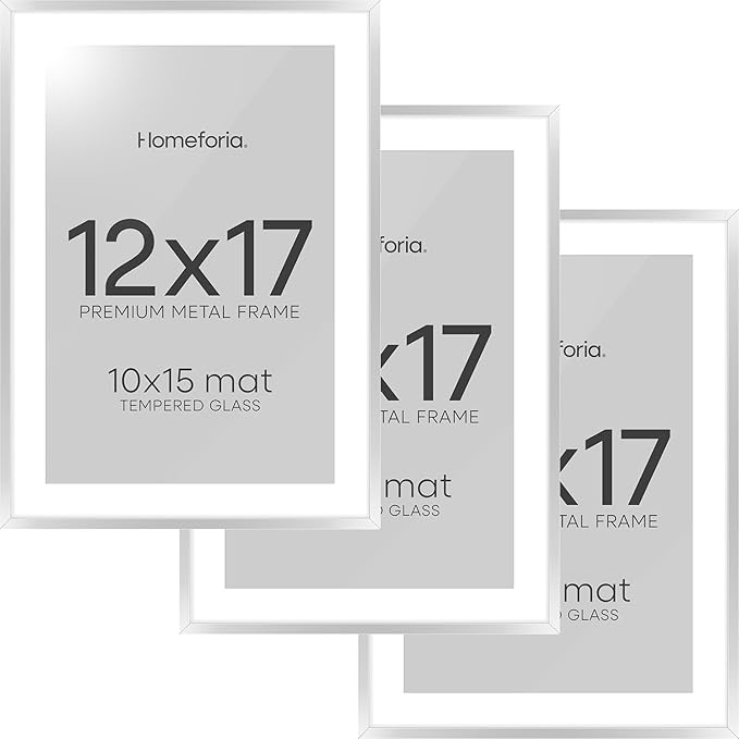 Homeforia 12x17 Picture Frame Silver, High End Metal 12x17 Frames with Mat 10x15 for Photo, 12 x 17 Silver Poster Frame Matted to 10 x 15 Print, 17x12 Hanging Frame, Tempered Glass, Wall Kit, Set of 3
