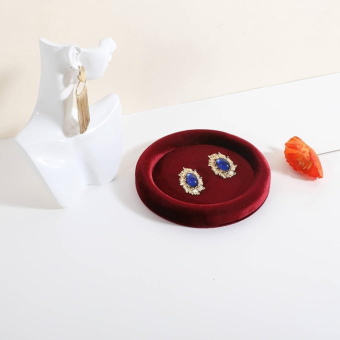 GemeShou Round Jewelry Organizer plate, Top Microfiber velvet Jewerly display tray, Empty Jewelry showcase tray for Necklace Bracelet Ring Earring display stand holder (Red-Small, 5.9 x 5.9 in)
