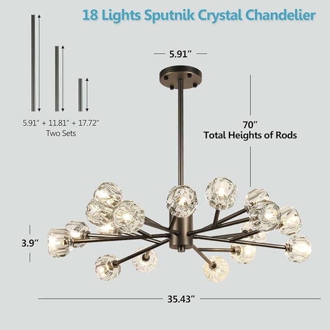 Sputnik Chandeliers 35.4", Black Crystal Chandelier Dining Room Light Fixture, 18 Lights Crystal Sputnik Ceiling Chandelier for Living Room Bedroom