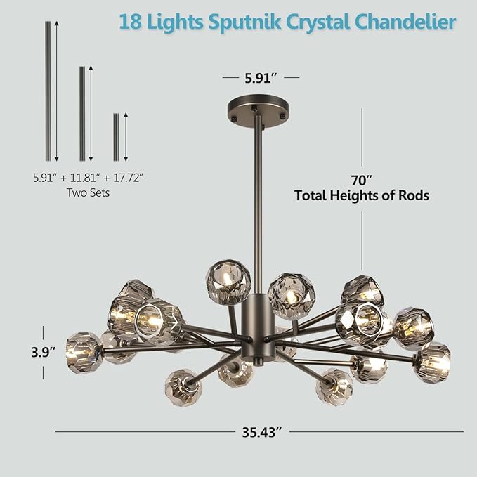 Modern Crystal Chandelier, 35.4" Black Sputnik Chandelier for Dining Room, 18 Lights Smoke Crystal Ceiling Lighting Fixture for Living Room Bedroom