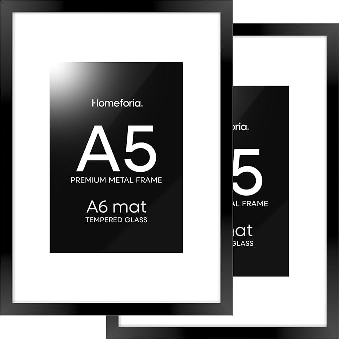 Homeforia A5 Picture Frame Black, High End Metal 5.8x8.3 Frames Matted to 4.1x5.8 Print, A5 Photo Frame with Mat A6, 5.8 x 8.3 Poster Frame, 8.3x5.8 Display Frames, Tempered Glass, Wall Kit, Set of 2