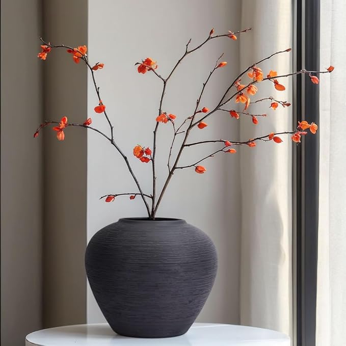 Rustic Black Ceramic Vase with Textured Finish, Large Round Terracotta Vases for Farmhouse Home Decoration, Wide Mouth Vintage Pottery Vases for Living Room, Kitchen, Table Centerpieces