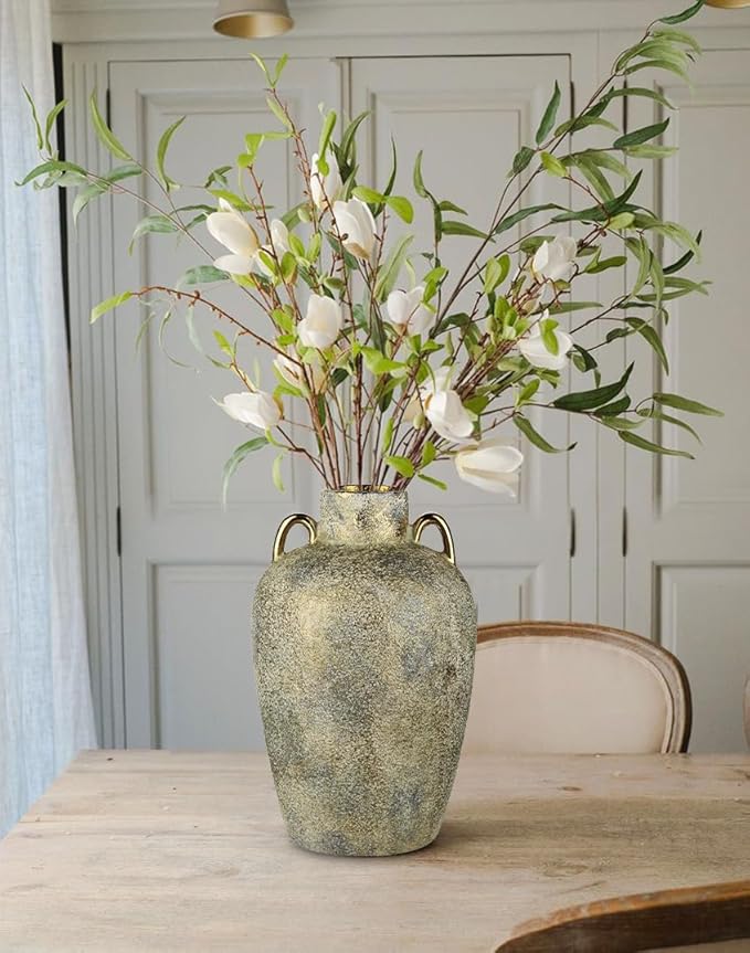 Large Ceramic Vase, 11.2" Tall Rustic Farmhouse Vase, Vintage Flower Vase with 2 Ears, Electroplated Terracotta Boho Vases for Home, Living Room, Shelf, Mantel, Entryway, Wedding, Tabletop Decor