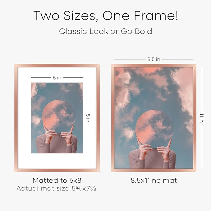 Homeforia 8.5x11 Rose Gold Frame, High End Metal 8.5 x 11 Picture Frames with Mat 6 by 8 inch Photo, 11x8.5 Poster Frame Matted to 6x8 Print, Wall or Tabletop Frame, Tempered Glass, Wall Kit, Set of 2