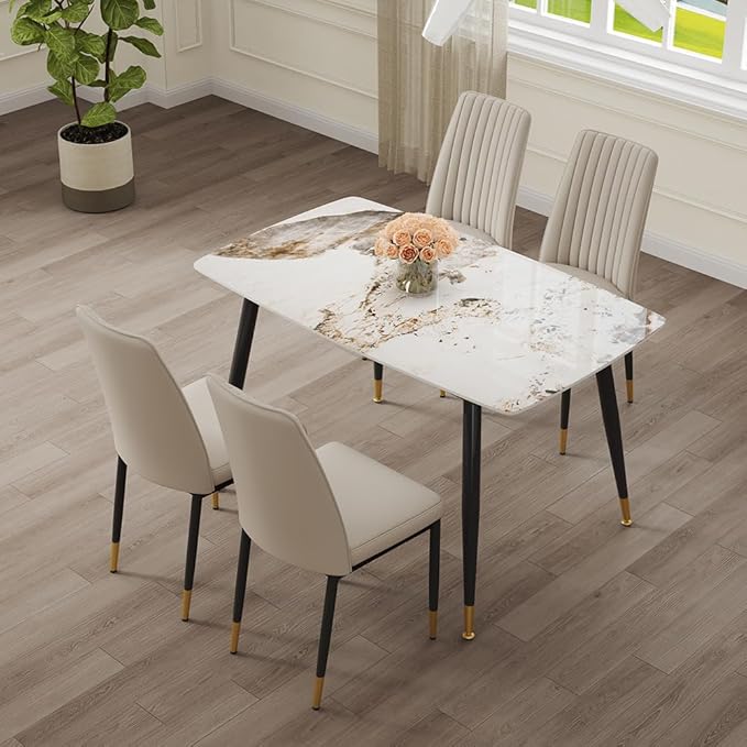 5 Pieces Modern Marble Dining Table Set, 50" Rectangular Sintered Stone Tabletop Kitchen Table with 4 PU Leather Chair Dinner Table Set for Kitchen Dining Room(Marble+4Gray Chairs)