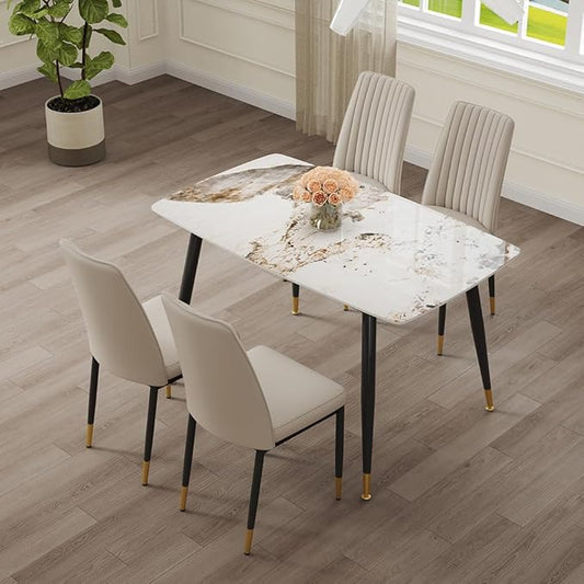 5 Pieces Modern Marble Dining Table Set, 50" Rectangular Sintered Stone Tabletop Kitchen Table with 4 PU Leather Chair Dinner Table Set for Kitchen Dining Room(Marble+4Gray Chairs)