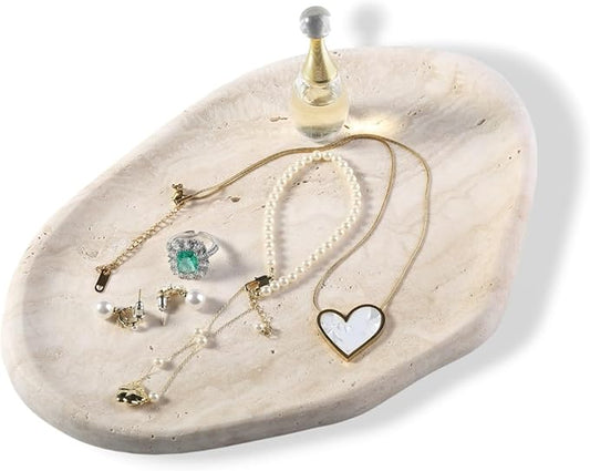 BCS Marble Jewelry Tray Trinket Dish, Decorative Cloud Vanity Key Tray for Women, Perfume Ring Holder Dish for Ring Earring, Cute Jewelry Plate Bowl Aesthetic Room Decor（Beige Travertine）