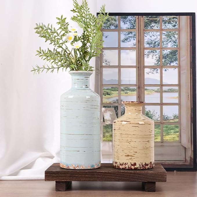 Blue and Beige Ceramic Vase Set of 3 – Rustic Distressed Glaze Pottery Vases, Small Vintage Flower Vases for Home Decor, Farmhouse, Modern Rustic, Shelf, Mantle, Table Centerpiece Decorations