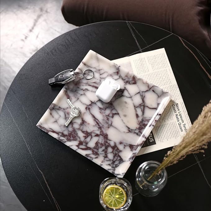 Natural Marble Tray, Coffee Table, Food, Fruit, Paper Cup, Cake Display, Coffee bar, Family Gatherings, Seasonal Holiday Decoration Tray(Viola-Square-9.8"x9.8"x0.7")