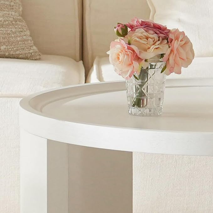 Round Nesting Coffee Table Set of 2,31.5" Large & 18" Small Low Tables with Wood Look Top,Space-Saving Side Tables for Living Room,Bedroom,Office,Minimalist Center Table Set (White, L+S)