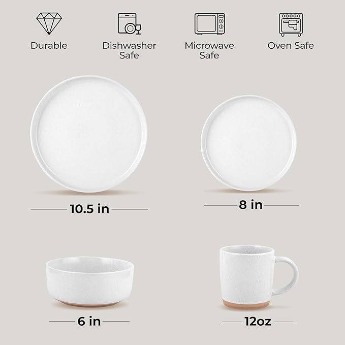 Zulay Kitchen Terra Stoneware Dinnerware Set, Artisanal Ceramic Plates and Bowls Set Crafted at 2300℉ - Service for 4, Speckled White
