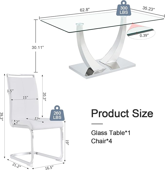 63” Glass Dining Table Set for 4,Modern Dining Room Table Set for 4, Kitchen Table and PU Leather Chairs, Dinner Table with Rectangle Tempered Glass Top and Chrome Silver Base