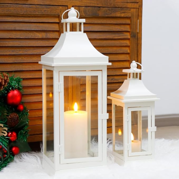 JHY DESIGN 19.5''&13''Tall Vintage Candle Lanterns Set of 2 Outdoor Hanging Tower Lantern Metal Candle Holder for Garden Living Room Indoor Outdoor Parties Weddings Balcony Patio