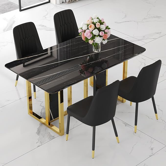 TesNus 63" Black Dining Table Set for 4 with Chairs,Modern Faux Marble Rectangular Kitchen Table and Chairs Set Luxury 5 Piece Dining Room Set with Gold Metal Legs,Easy Assemble,Stable Base