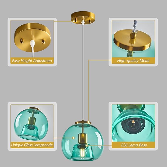 Light Blue Glass Pendant Lights Kitchen Island Gold Hanging Light Fixture Glass Globe Pendant Light Modern Pendant Lighting for Kitchen Island Bedroom Dining Room (7.87", 2 Pack)