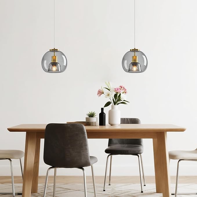 Light Grey Glass Pendant Lights Kitchen Island Gold Hanging Light Fixture Glass Globe Pendant Light Modern Pendant Lighting for Kitchen Island Bedroom Dining Room (7.87", 1 Pack)